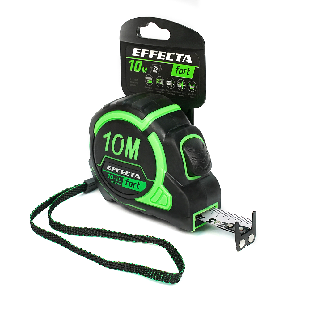 Рулетка строительная 10м Rennbohr Effecta Fort ABS-пластик, 2-у стор. шкала, магнит, автостоп, нейло