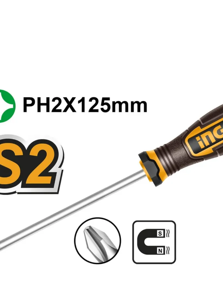 Отвертка крестовая PH2х125 мм трехкомп/ручка Ingco super industrial подвес, шт